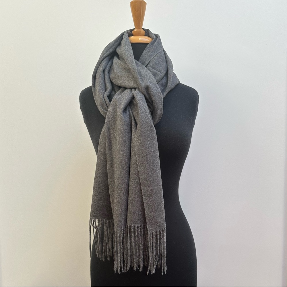 Long Grey Cashmere Blend Scarf with Fringe